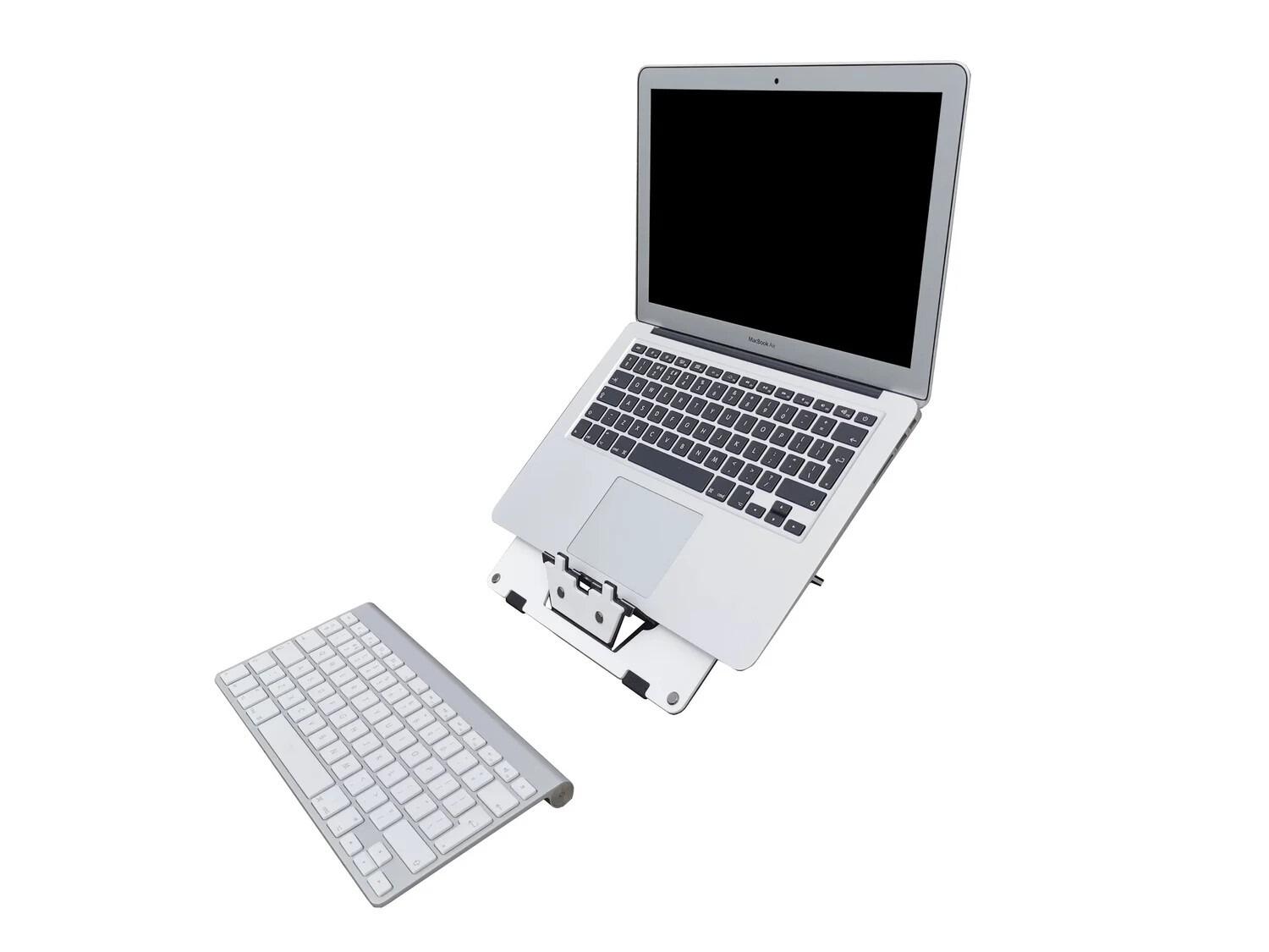 Pearl White Go Eco Dusk - Laptop & Tablet Stand with a laptop and keyboard