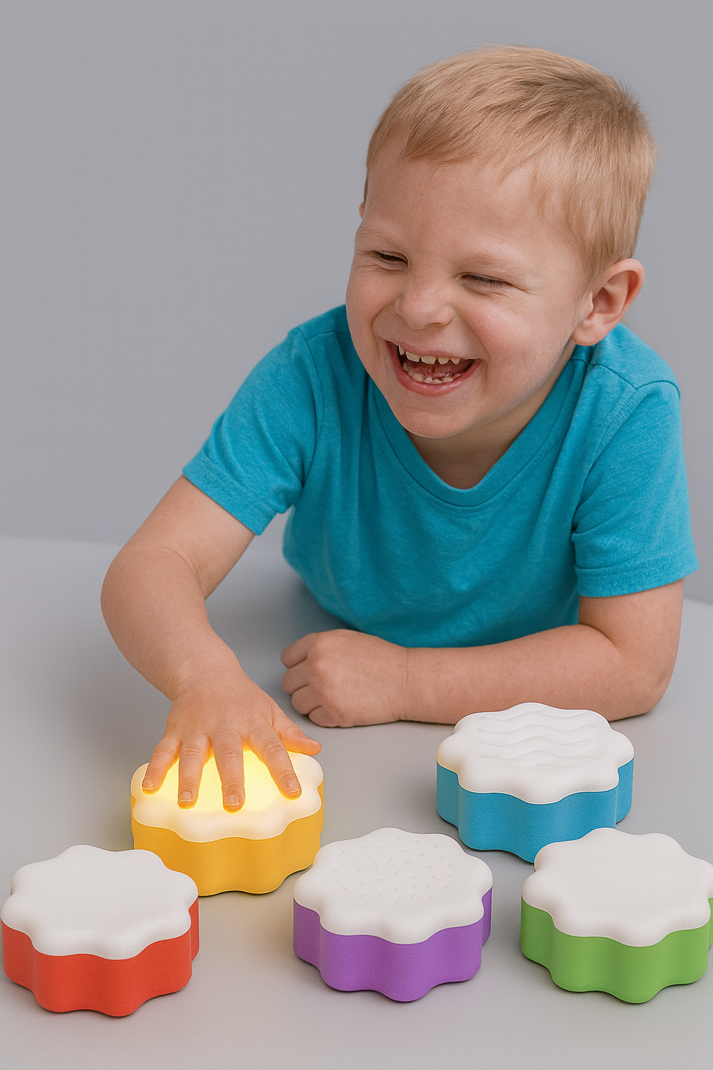 a young boy in a blue t-shirt with 5 SENspark devices in various colours (yellow, blue, red, purple and green) the boy is pressing the yellow device and the device is illuminated