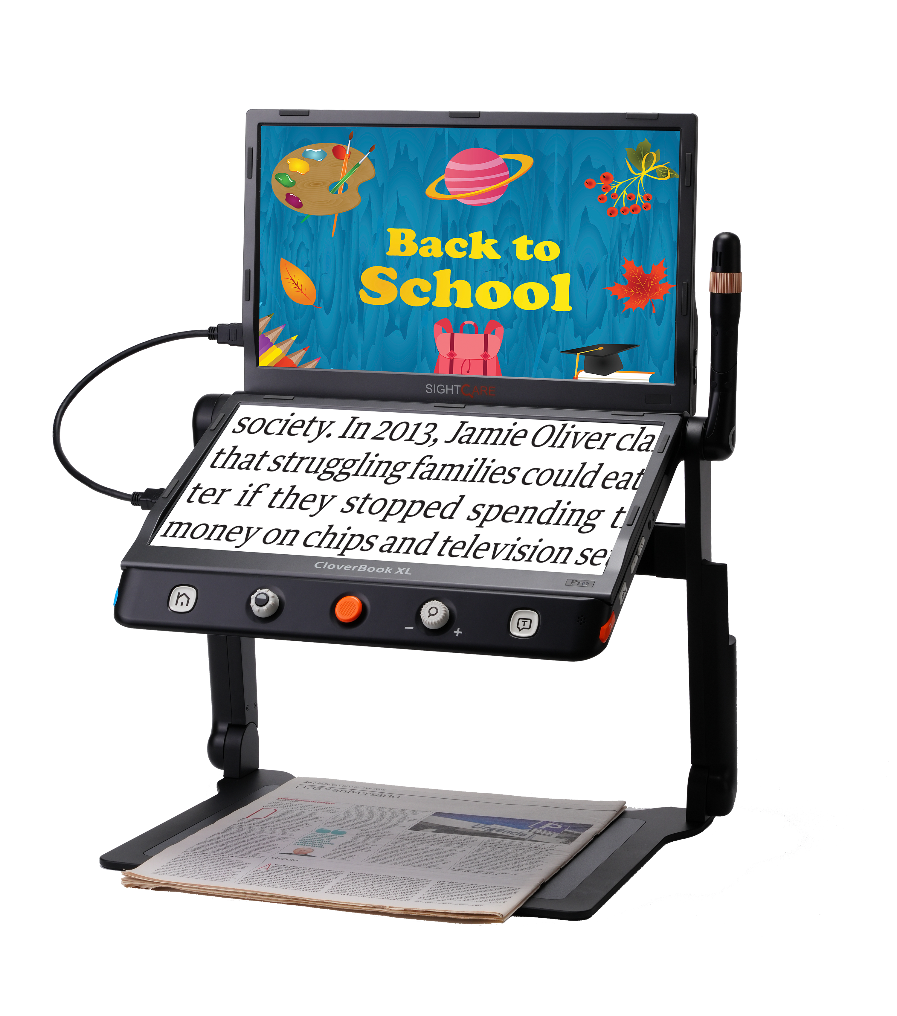 CloverBook XL Pro with second screen attached right side view with the distance camera in the upright position
