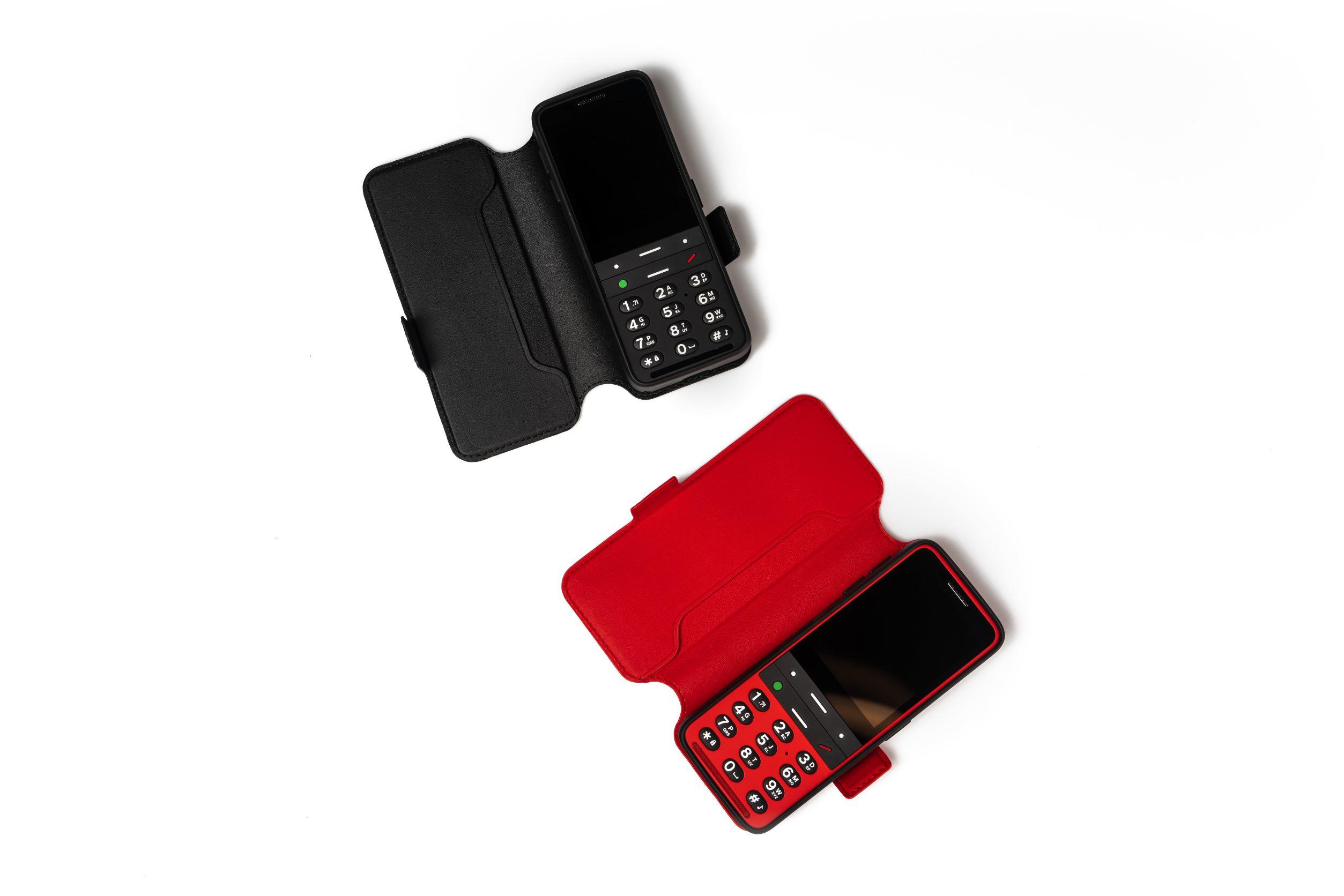 2 Blindshell Classic 2 phones one red on black both with a matching colour flip case open