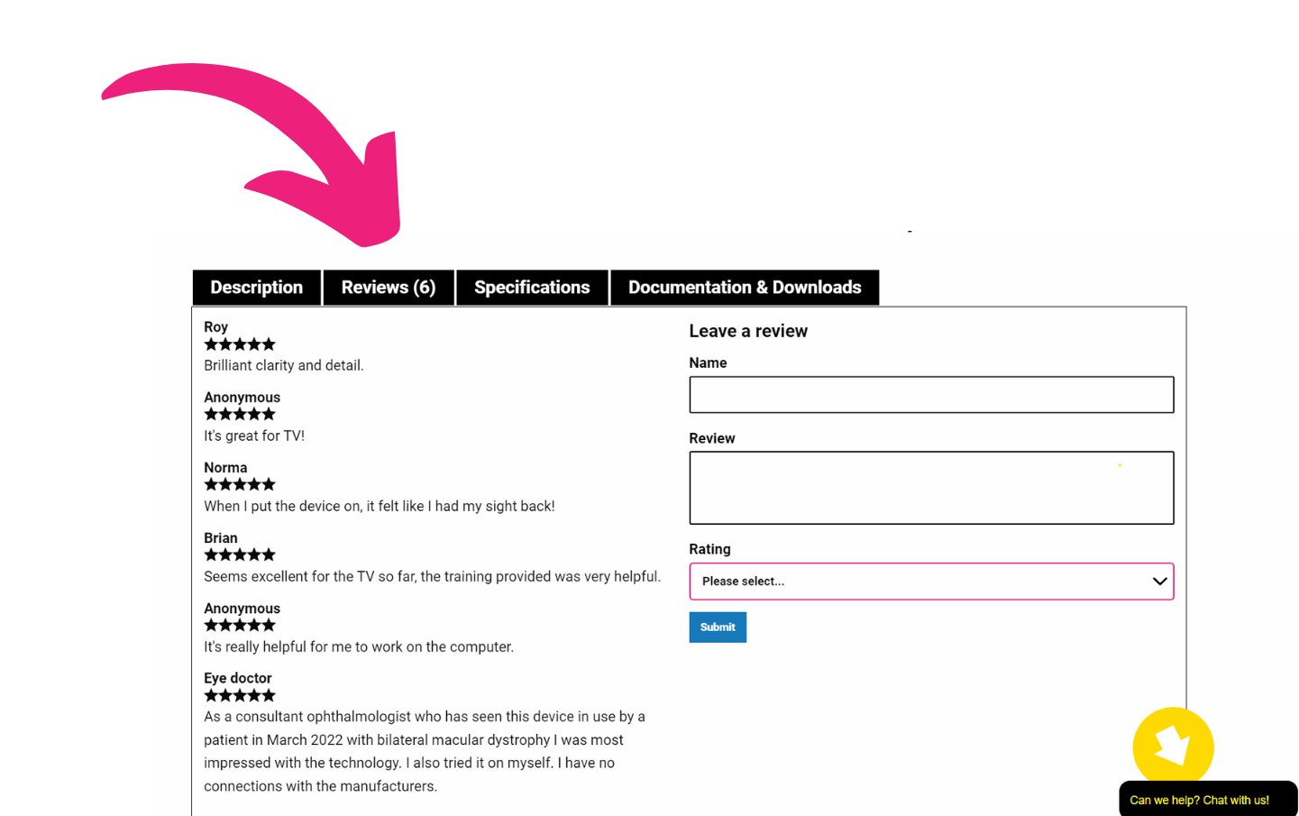 a pink arrow pointing towards the reviews tab on the product page of the IrisVision Live on our website 