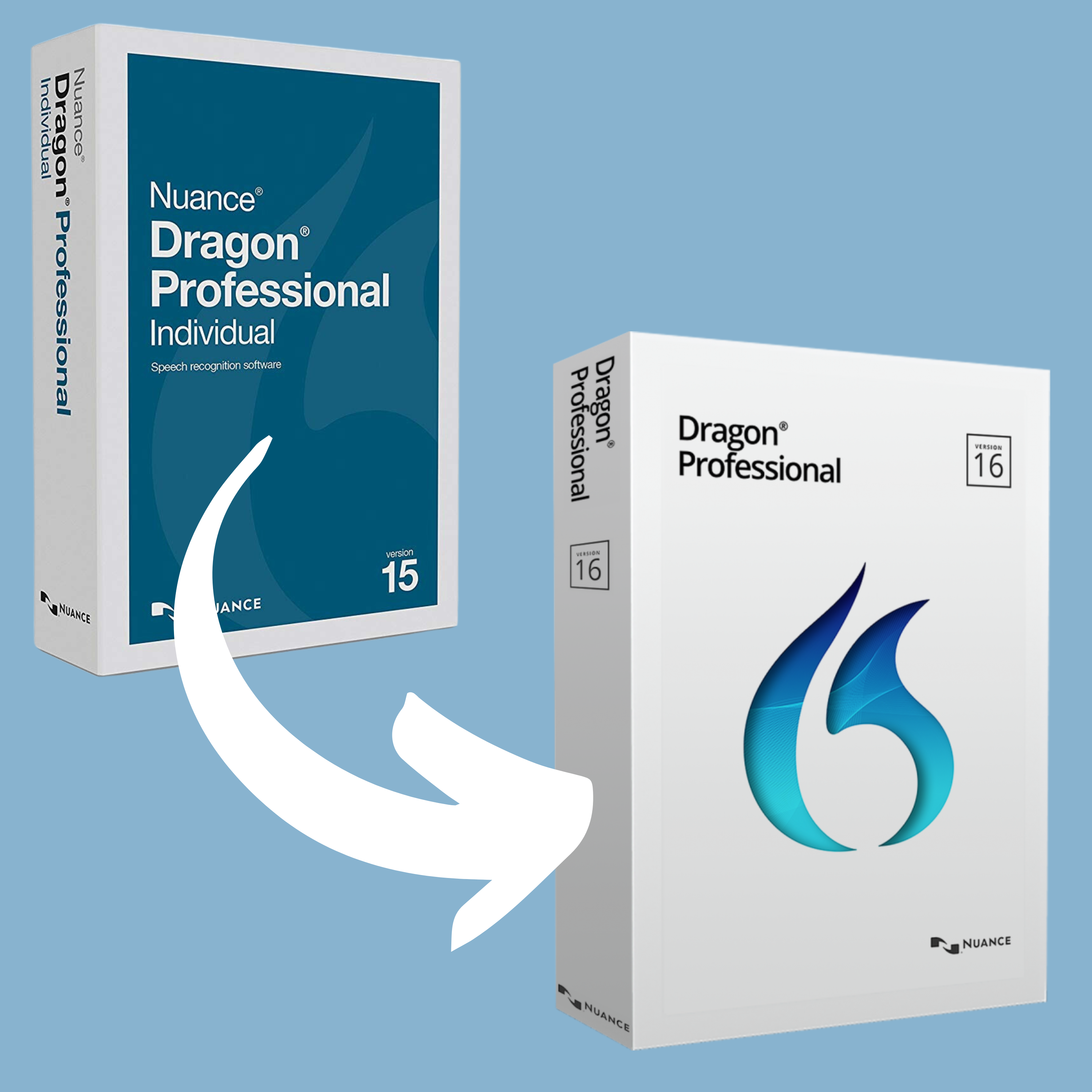 Image of dragon professional individual 15 box with an arrow pointing towards Dragon professional individual 16