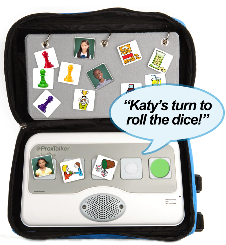 the proxtalker in its case you can see some tags on the velcro page inside the case there is an image of a girl, two people sharing, some dice and the speak all button on the proxtalker it is reading the sentence, the sentence is shown in a speech bubble and reads: Katy's turn to roll the dice