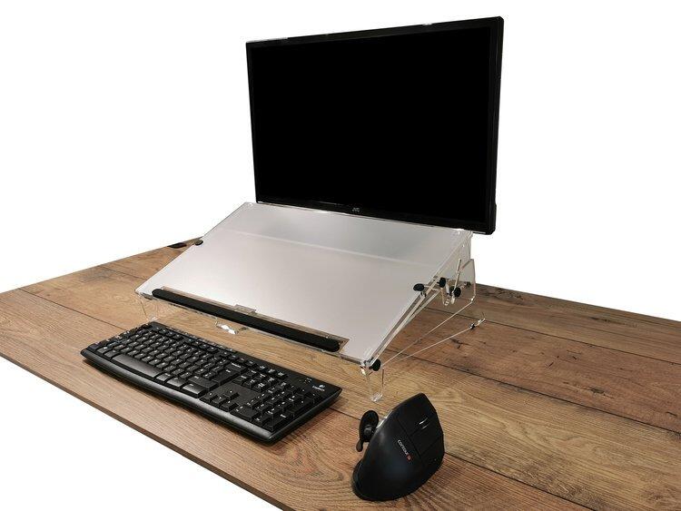Prowriter document holder on a desk with a monitor screen, keyboard and moues