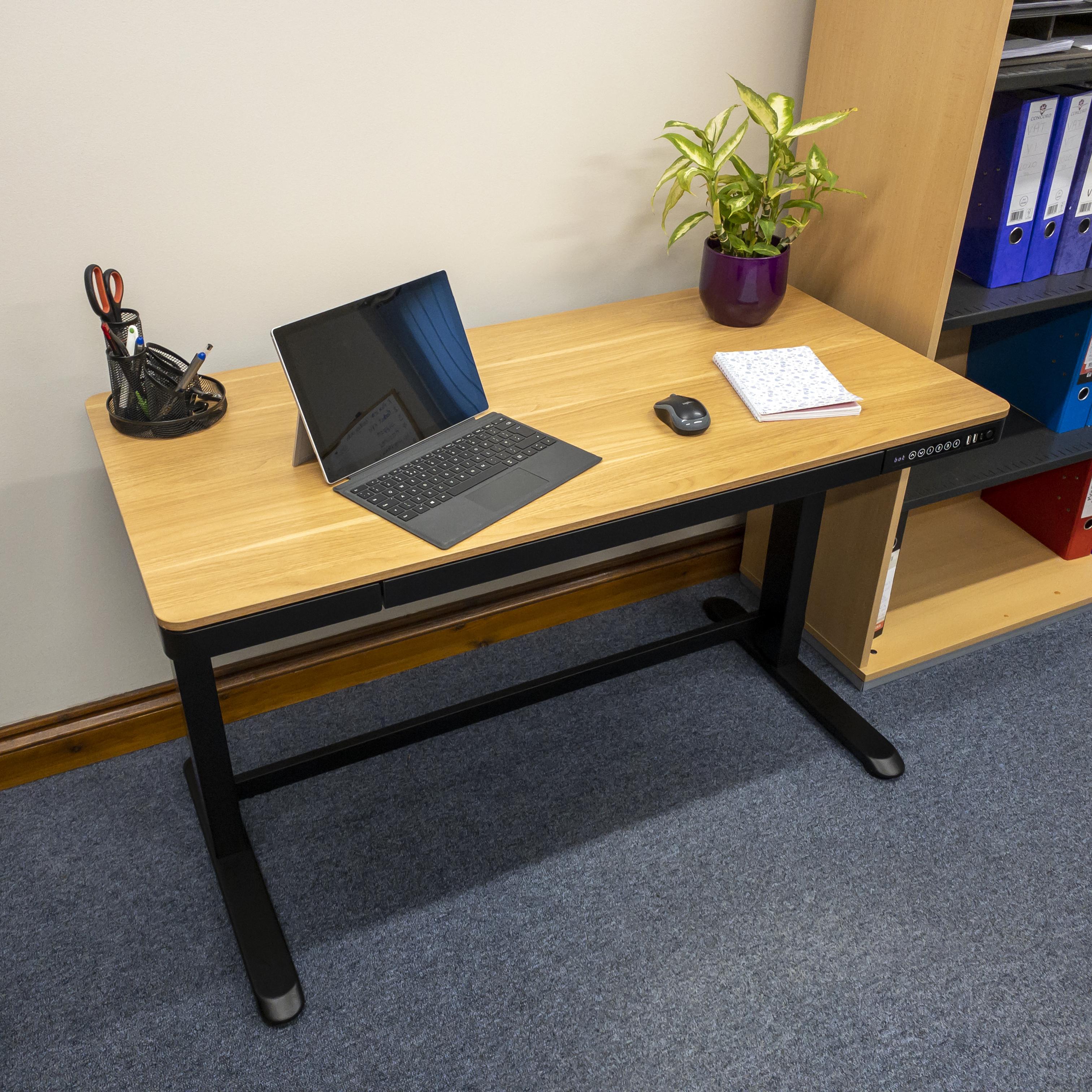 Elevate sit stand desk black base with oak top