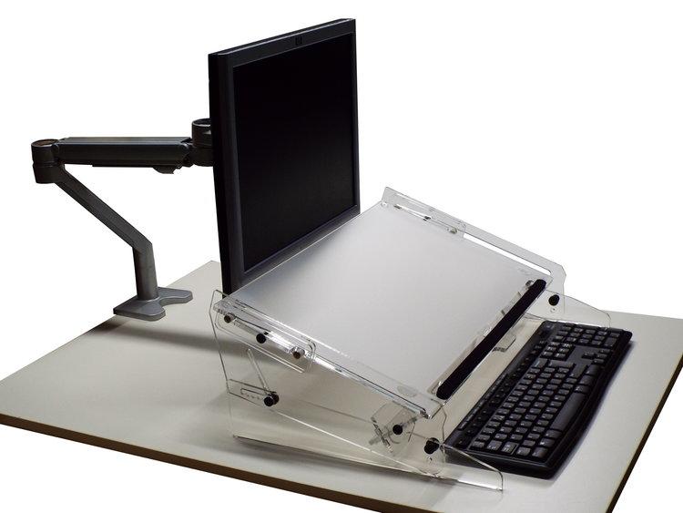Go Slide Document Holder on a desk with a monitor, keyboard and mouse at its highest position