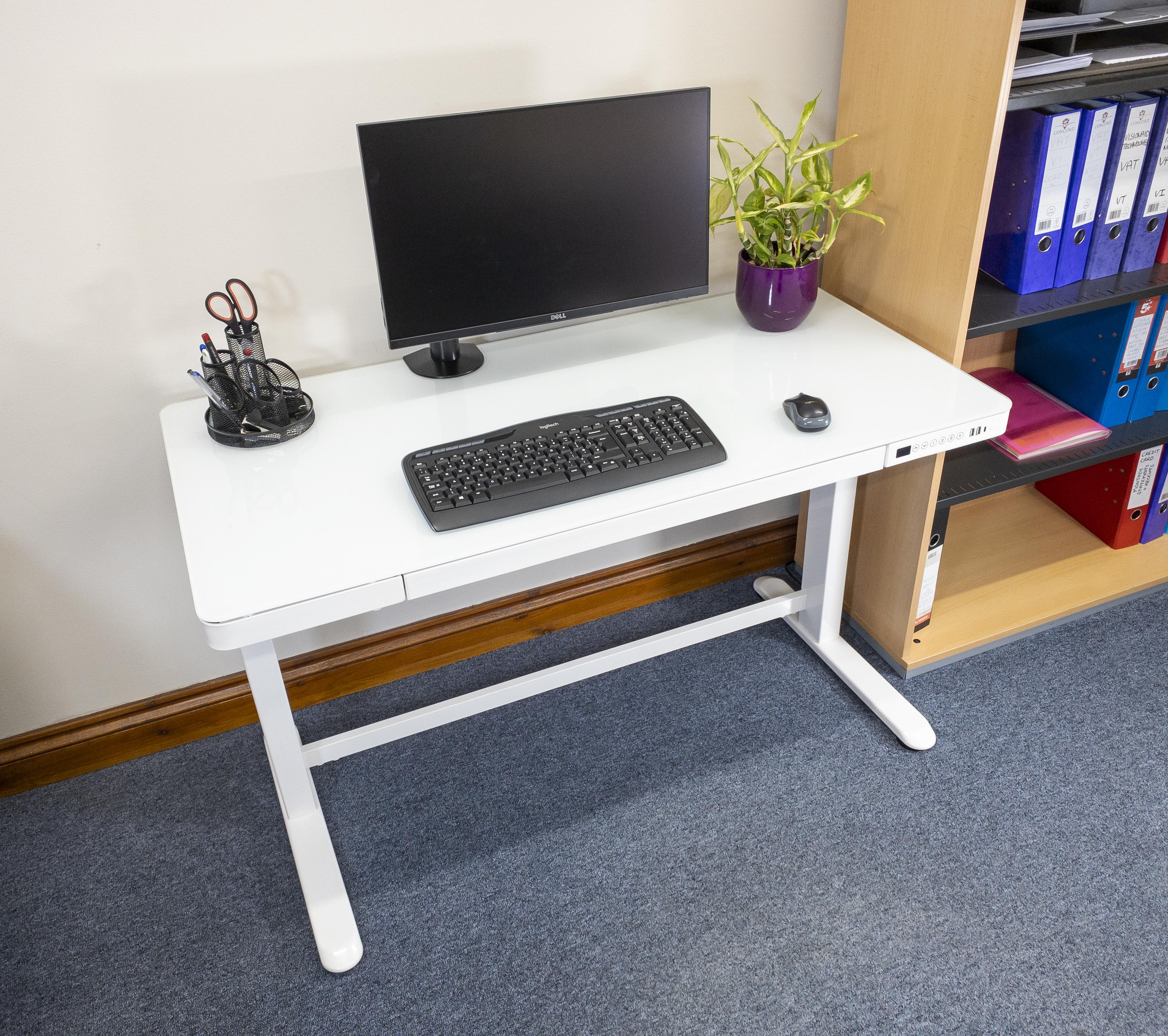 Elevate sit stand desk white base with white glass top