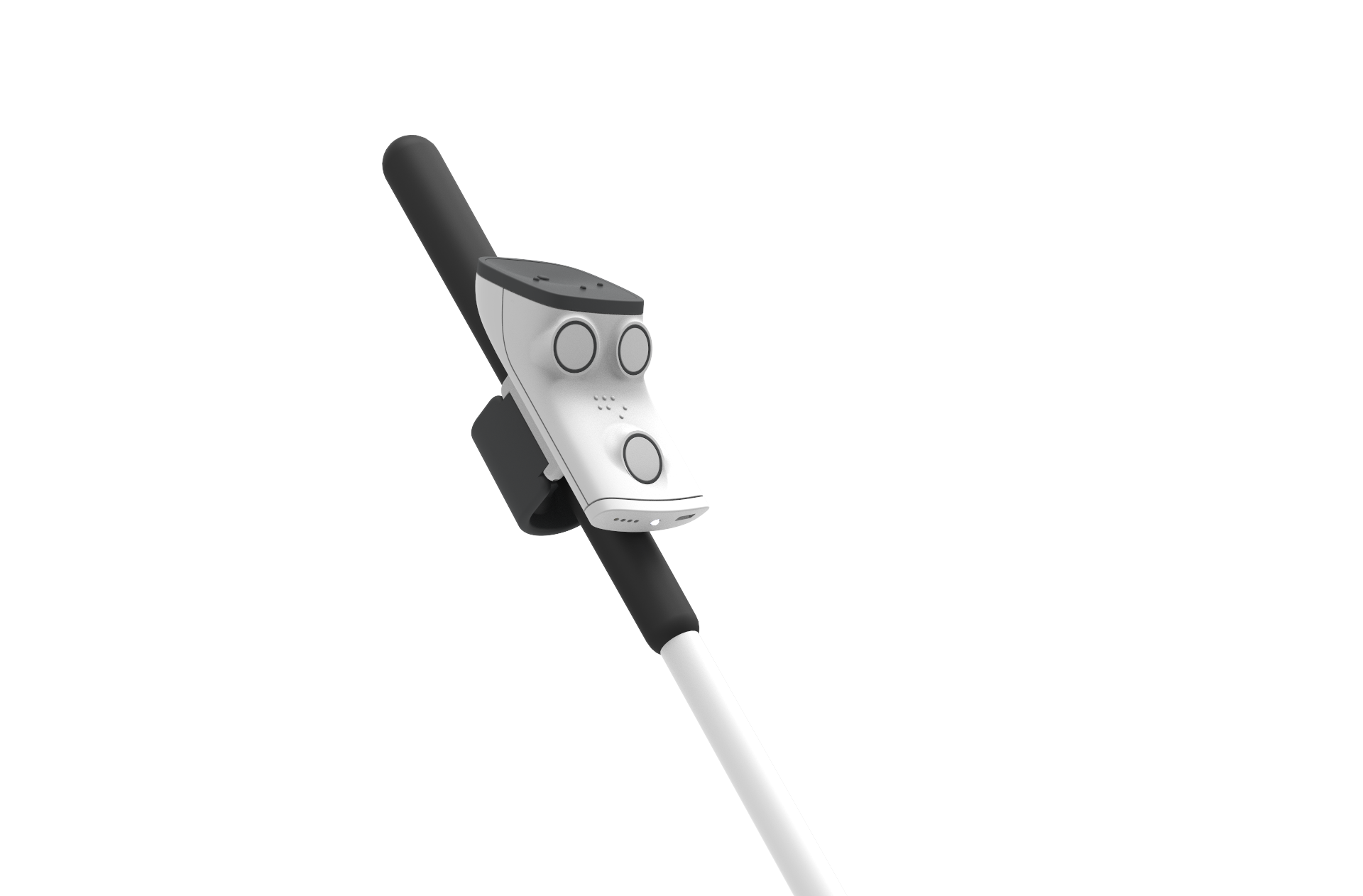 Image shows the GoSence Rango obstacle detection device attached to a cane