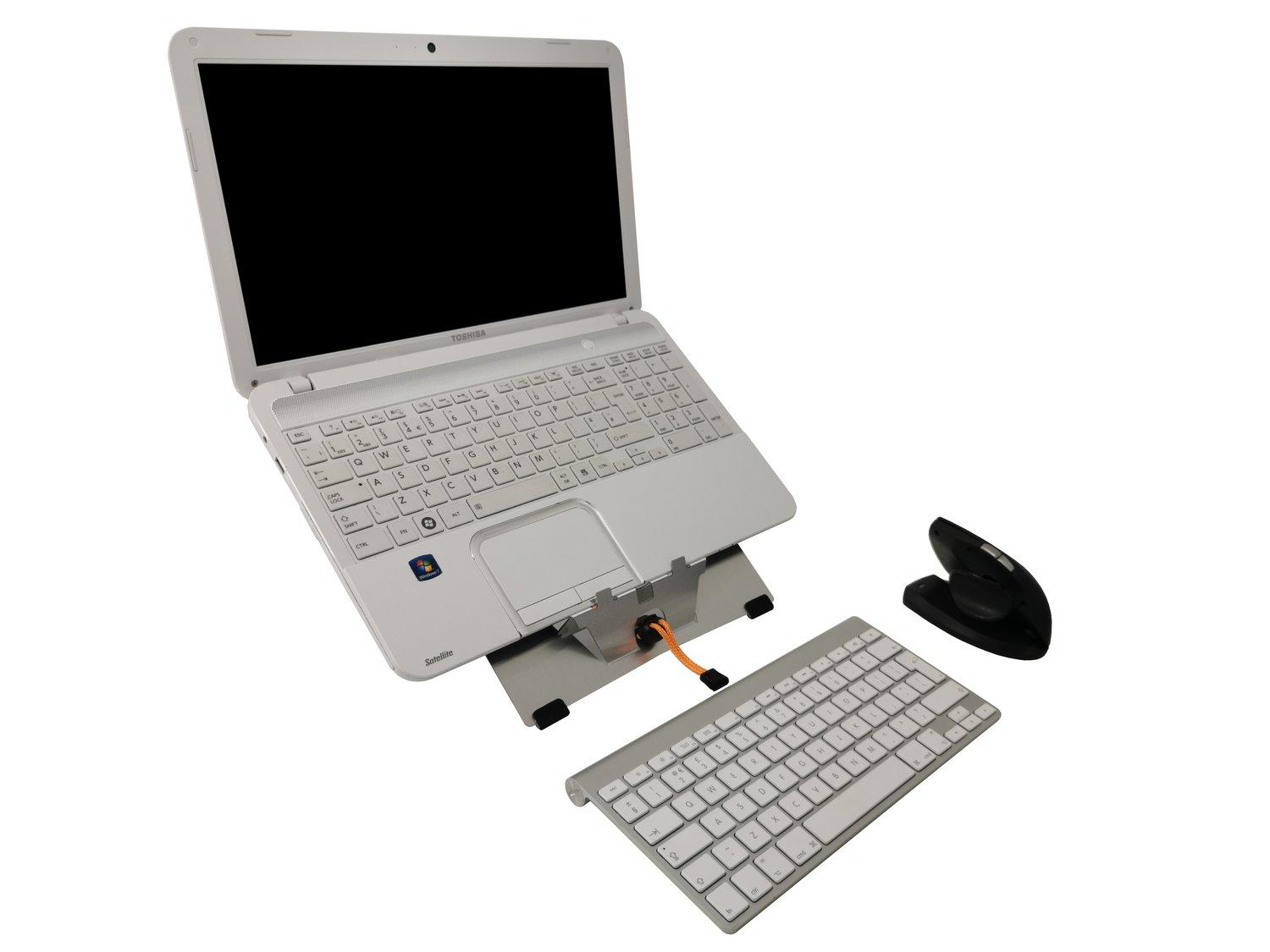 Go-2 Laptop & Tablet Stand set up with a laptop on it in front of the laptop there is a keyboard and to the right is a mouse
