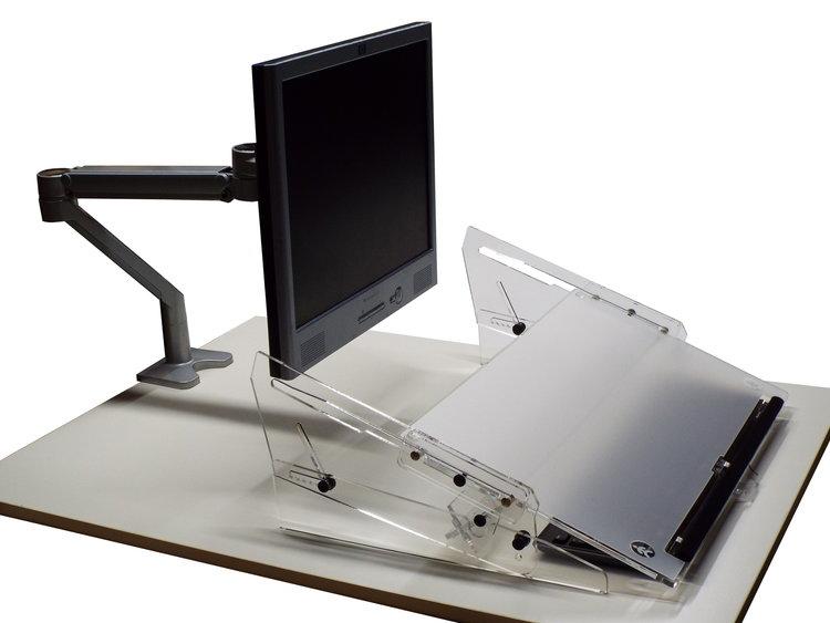 Go Slide Document Holder on a desk with a monitor, keyboard and mouse at its highest position, pulled out over the keyboard