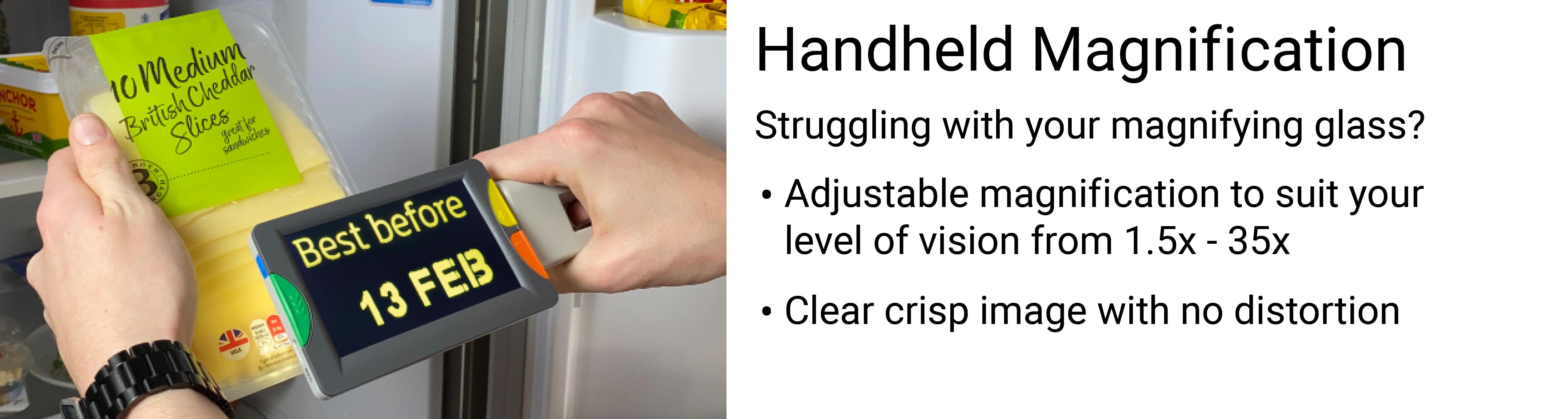 Handheld electronic magnification. Struggling with your magnifying glass? Adjustable magnification to suit your level of vision from 1.5x - 35x. Clear crisp image with no distortion