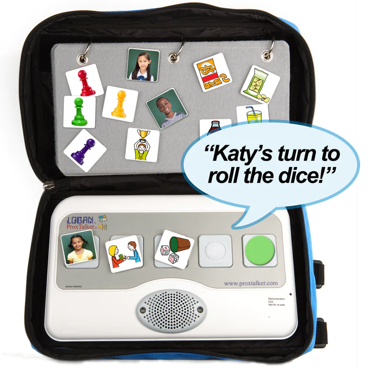 the proxtalker in its case you can see some tags on the velcro page inside the case there is an image of a girl, two people sharing, some dice and the speak all button on the proxtalker it is reading the sentence, the sentence is shown in a speech bubble and reads: Katy's turn to roll the dice