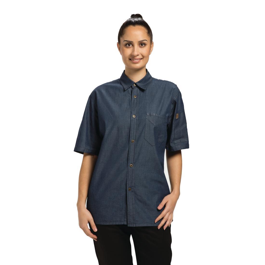 Chef Works Detroit Unisex Denim Shirt Short Sleeve Blue M - B074-M  - 4