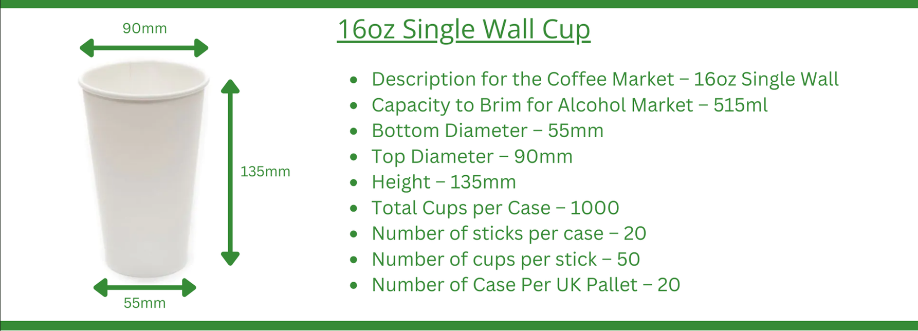 16oz Single Wall Cup Dimensions and Specifications