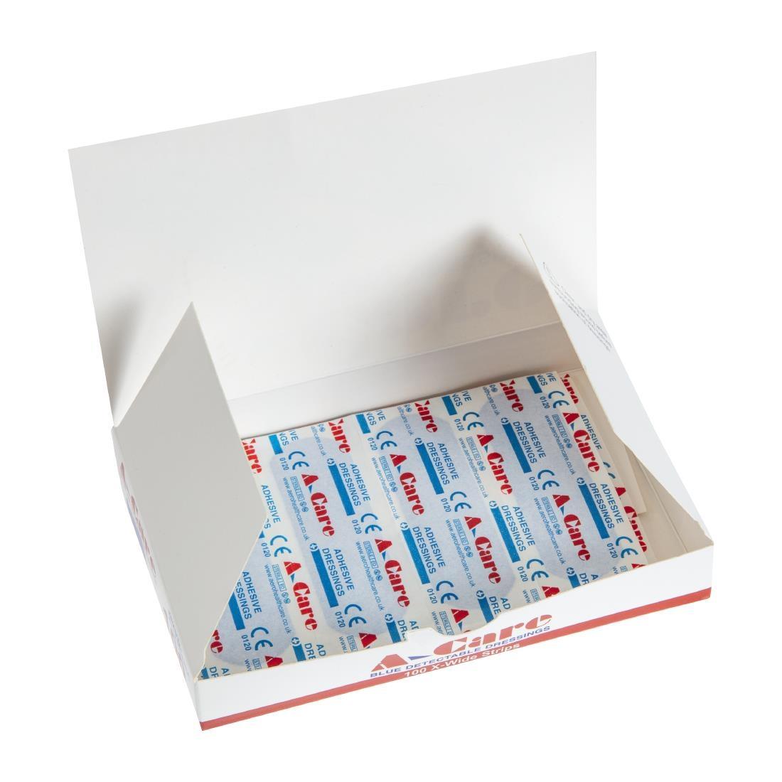 A-CARE DETECTABLE BLUE PLASTERS EXTRA WIDE STRIP 75X25MM - BOX 100 - CB442  - 3