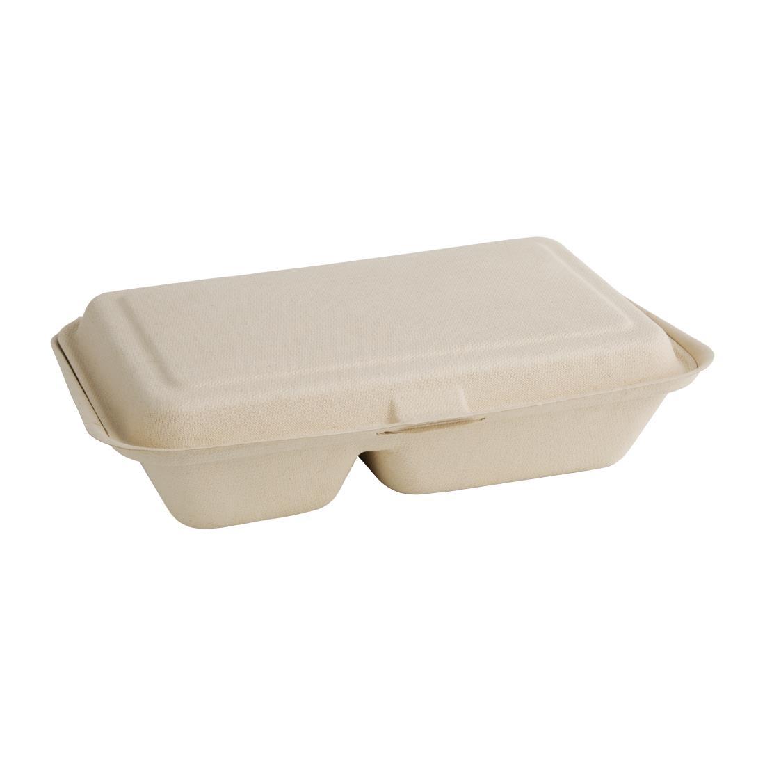 Fiesta Compostable Bagasse Two-Compartment Hinged Food Containers Natural Colour 253mm (Pack of 200) - FC541  - 1