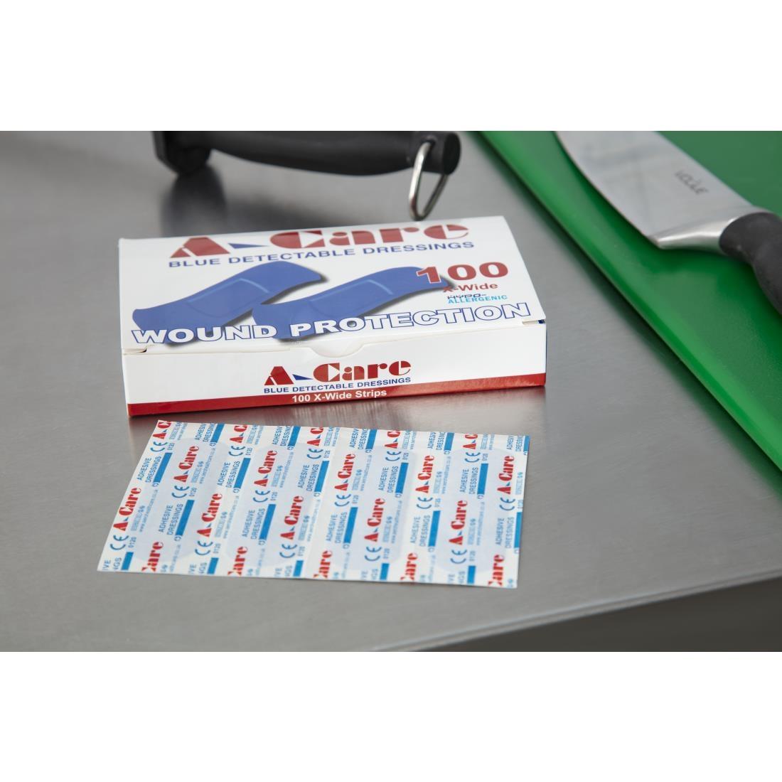 A-CARE DETECTABLE BLUE PLASTERS EXTRA WIDE STRIP 75X25MM - BOX 100 - CB442  - 2