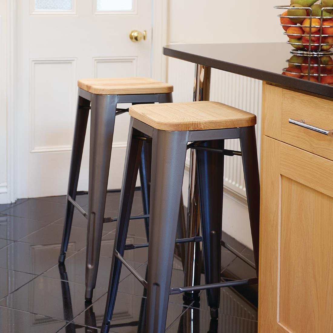 Bolero Bistro High Stools with Wooden Seat Pad Gun Metal (Pack of 4) - GM639  - 2