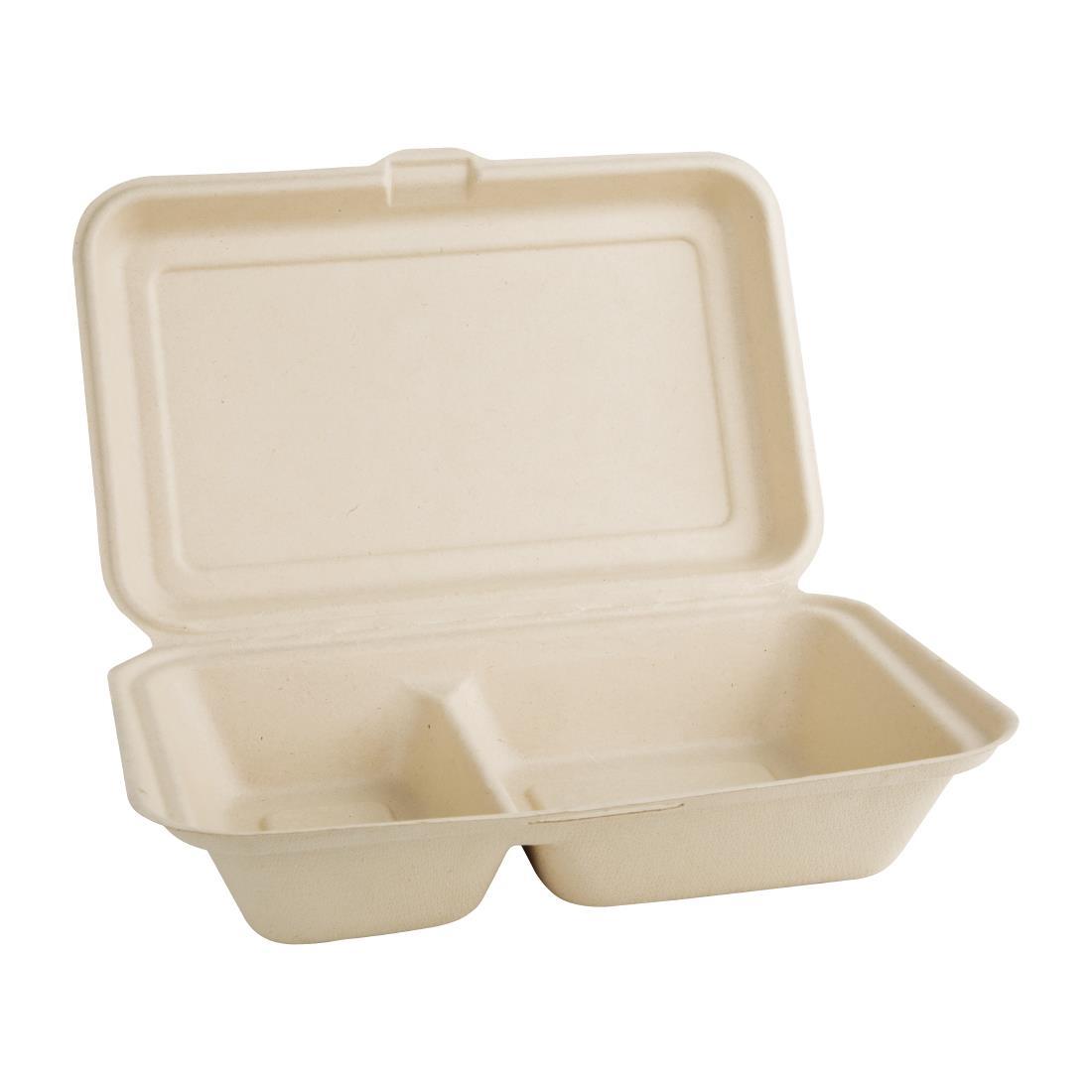 Fiesta Compostable Bagasse Two-Compartment Hinged Food Containers Natural Colour 253mm (Pack of 200) - FC541  - 2