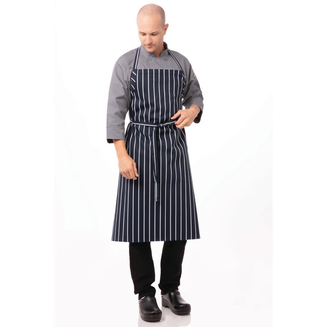 Chef Works Premium Woven Bib Apron Navy and White Stripe - B249  - 7