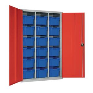 18 Tray High-Capacity Storage Cupboard - Red with Blue Trays - HR698 - 1