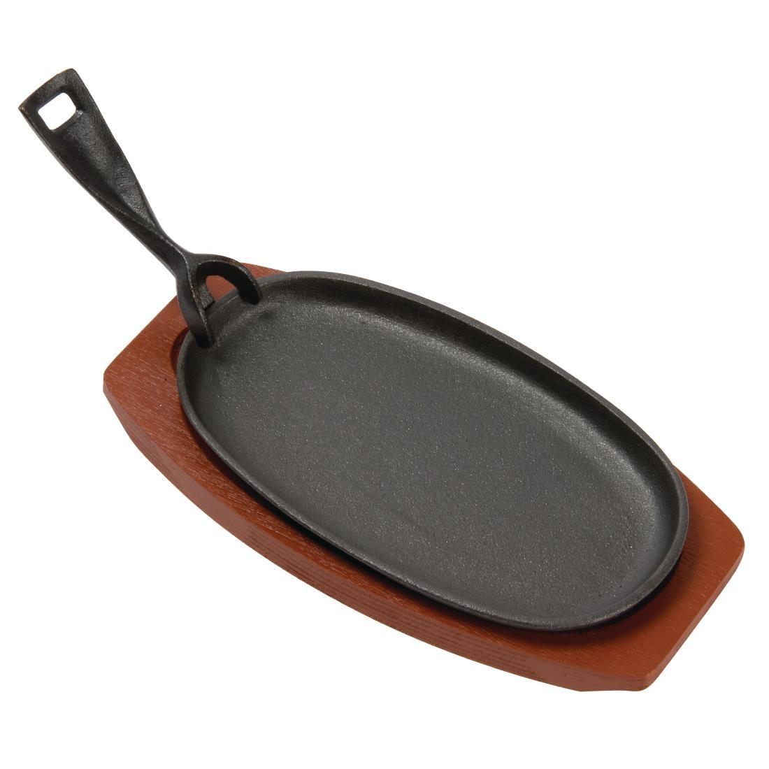 Olympia Cast Iron Oval Sizzler with Wooden Stand 240mm - F464  - 1