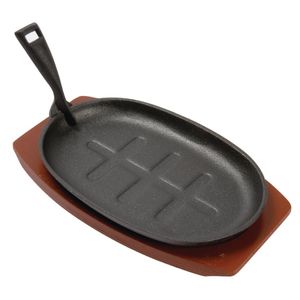 Olympia Cast Iron Oval Sizzler with Wooden Stand 280mm - CC310  - 1