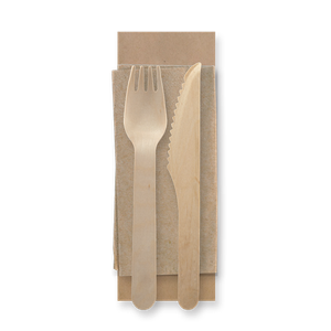 BioPak 16cm Coated Wooden Knife, Fork & Napkin Packs | FSC™ Certified (Pack of 250) - HY-16KFN-COATED-250-UK - 1