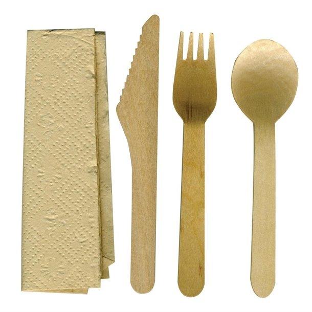eGreen Individually Kraft Wrapped 4-in-1 Wooden Cutlery Set (Pack of 250) - FS168  - 1