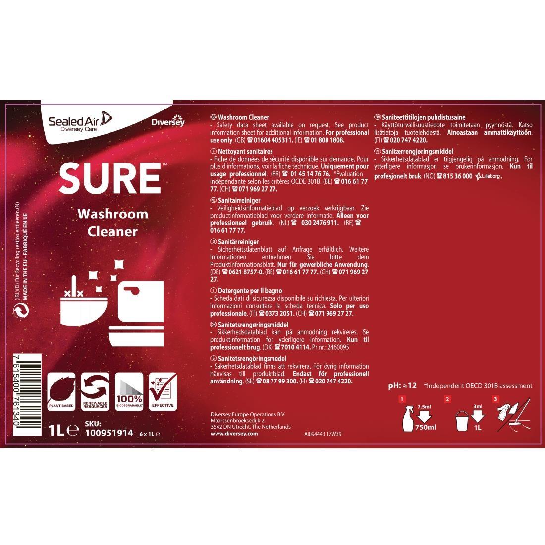 SURE Washroom Cleaner Concentrate 1 Litre (6 Pack) - FA252  - 2