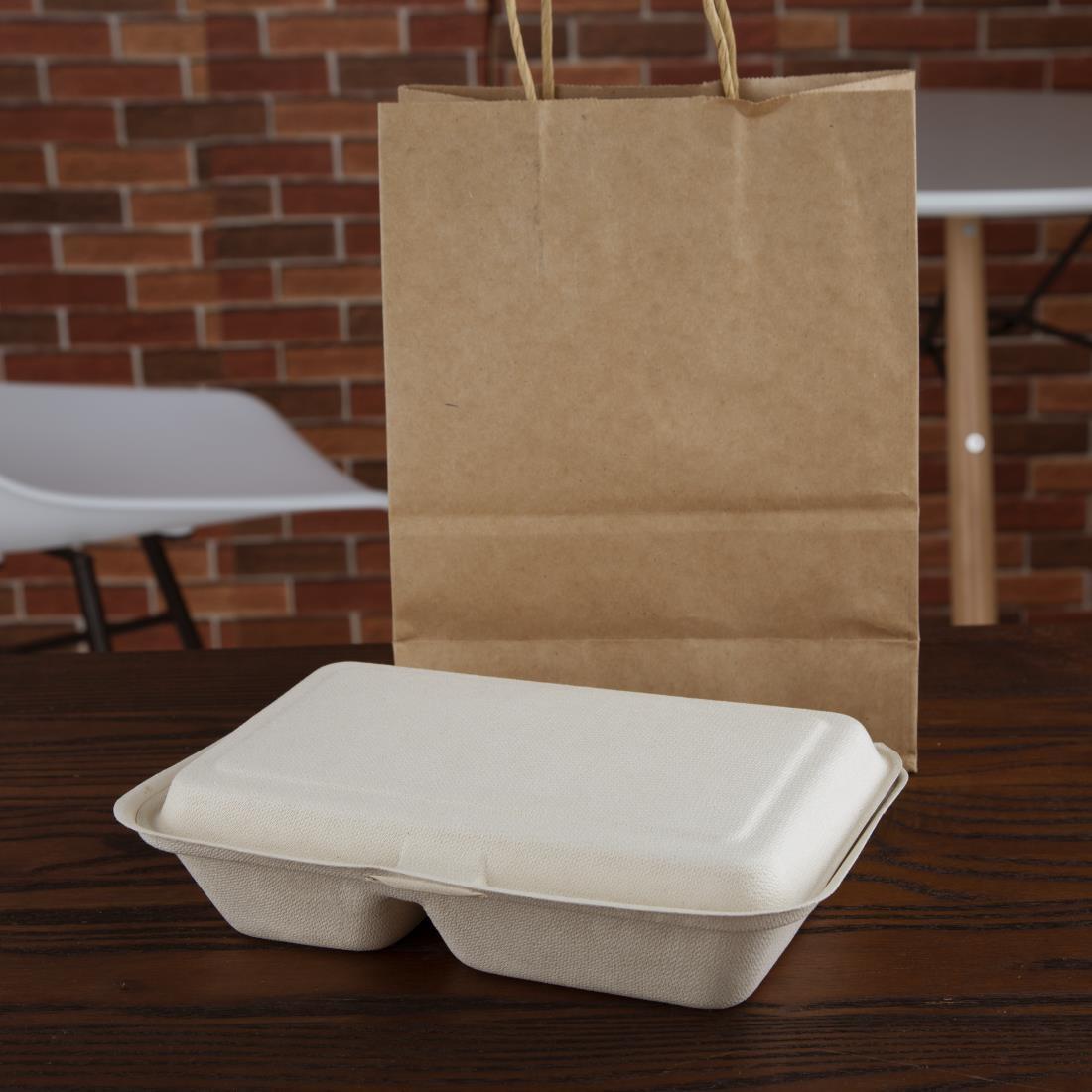 Fiesta Compostable Bagasse Two-Compartment Hinged Food Containers Natural Colour 253mm (Pack of 200) - FC541  - 5