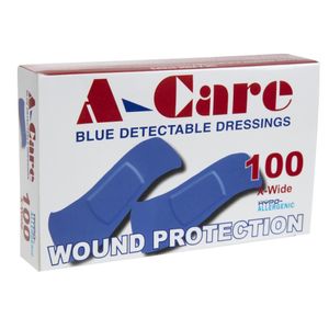 A-CARE DETECTABLE BLUE PLASTERS EXTRA WIDE STRIP 75X25MM - BOX 100 - CB442  - 1