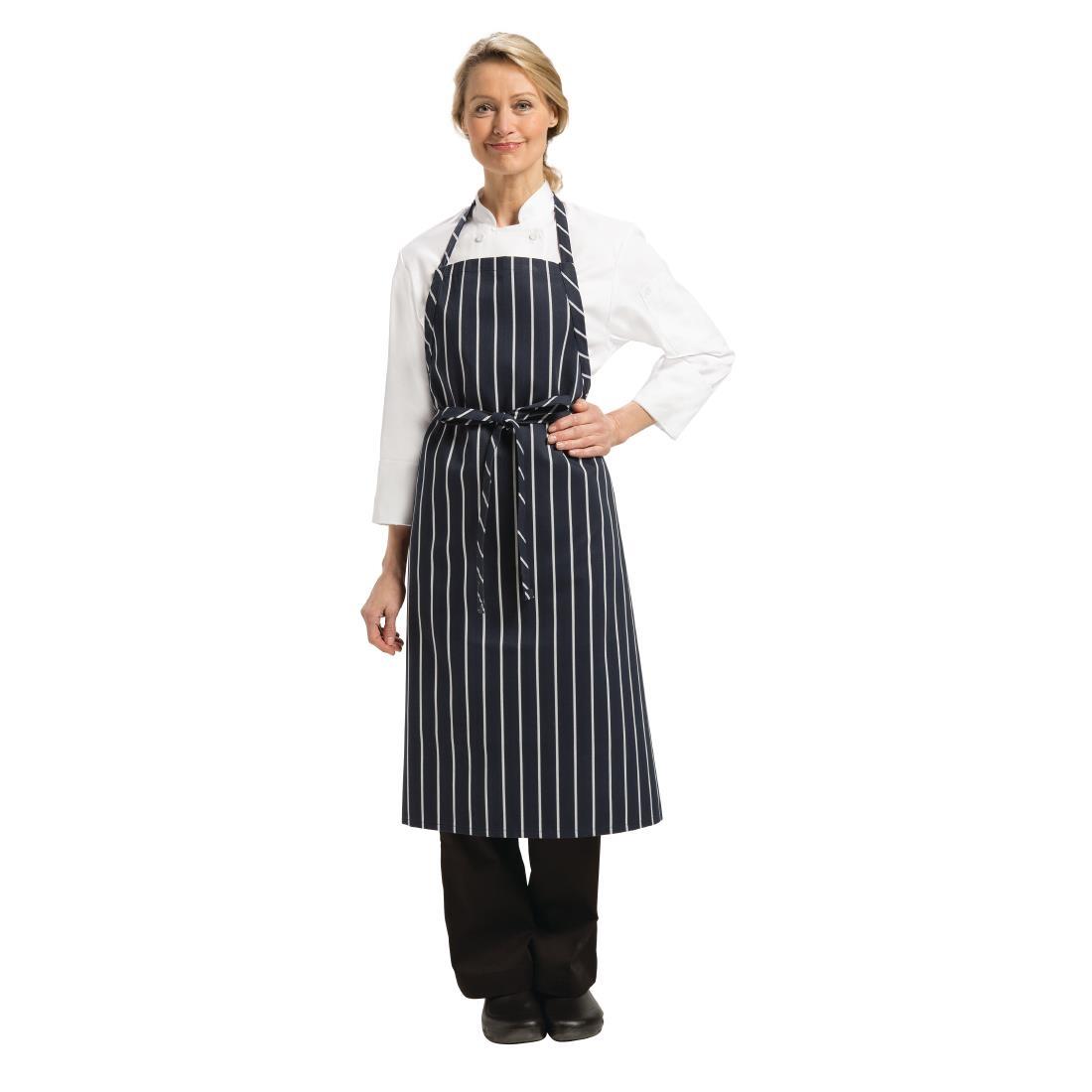 Chef Works Premium Woven Bib Apron Navy and White Stripe - B249  - 1