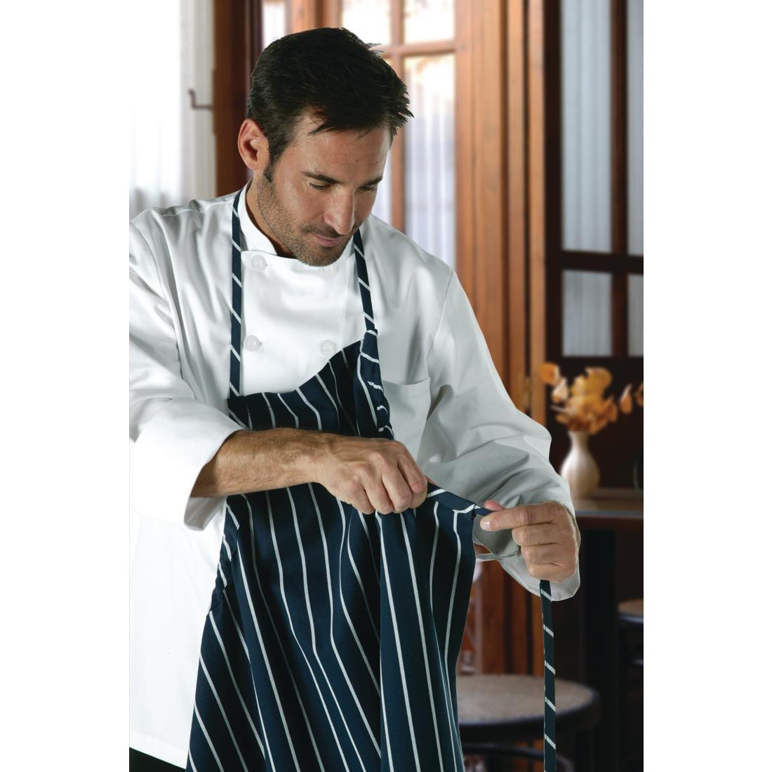 Chef Works Premium Woven Bib Apron Navy and White Stripe - B249  - 5