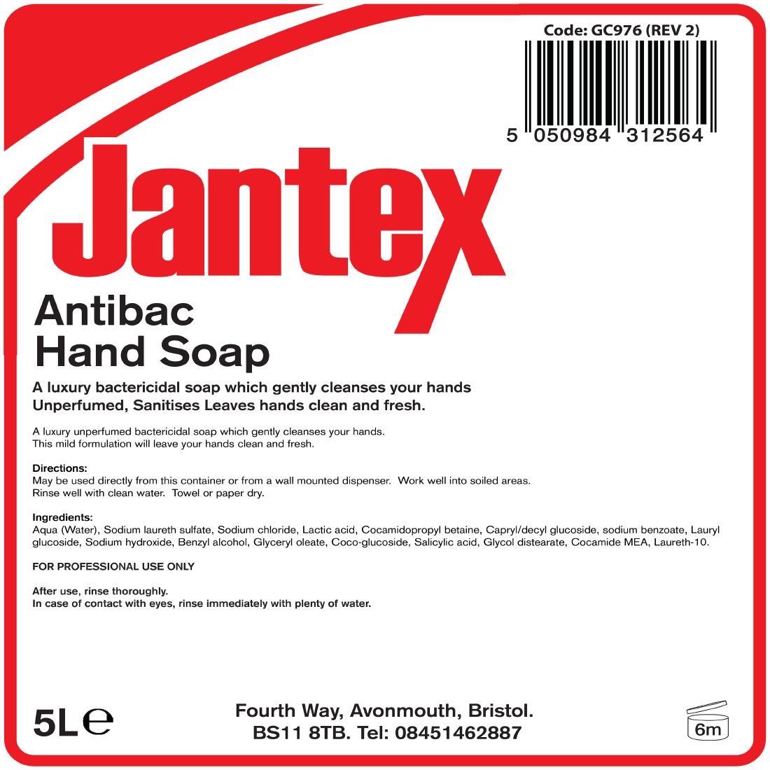 Jantex Unperfumed Antibacterial Liquid Hand Soap 5Ltr - GC976  - 4