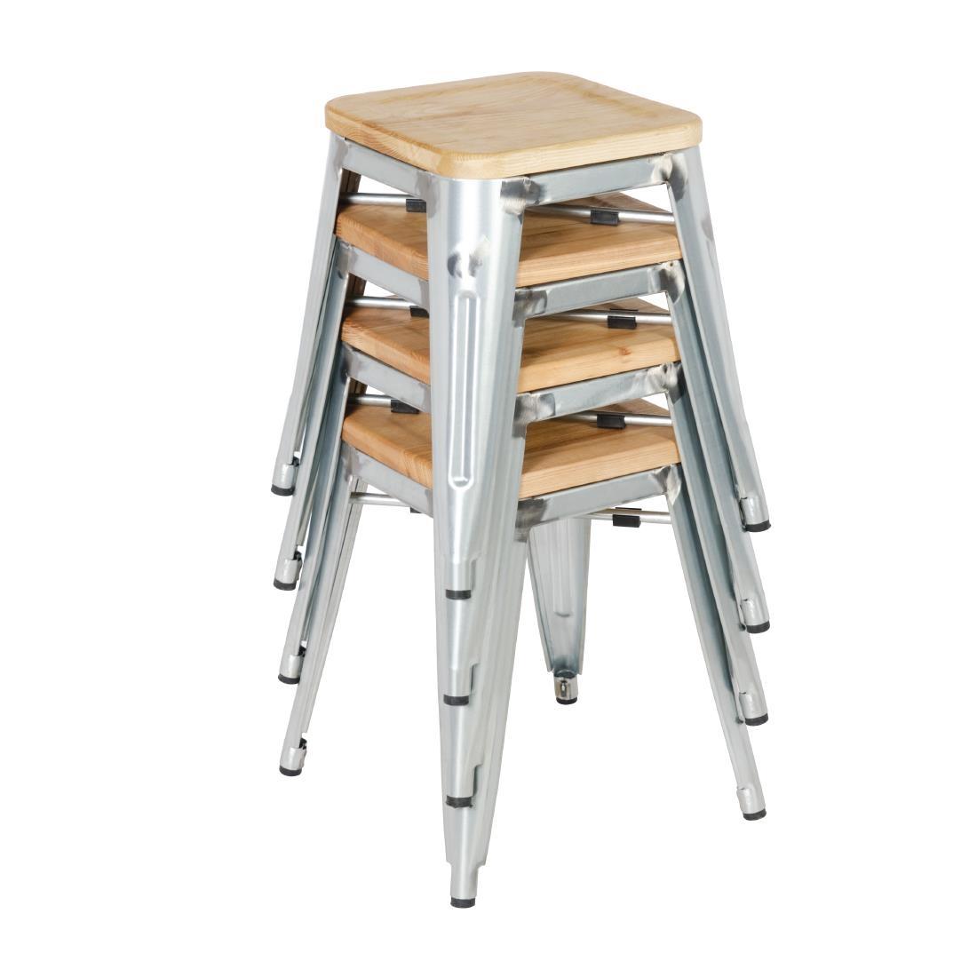 Bolero Bistro Low Stools with Wooden Seat Pad Galvanised Steel (Pack of 4) - GM634  - 4