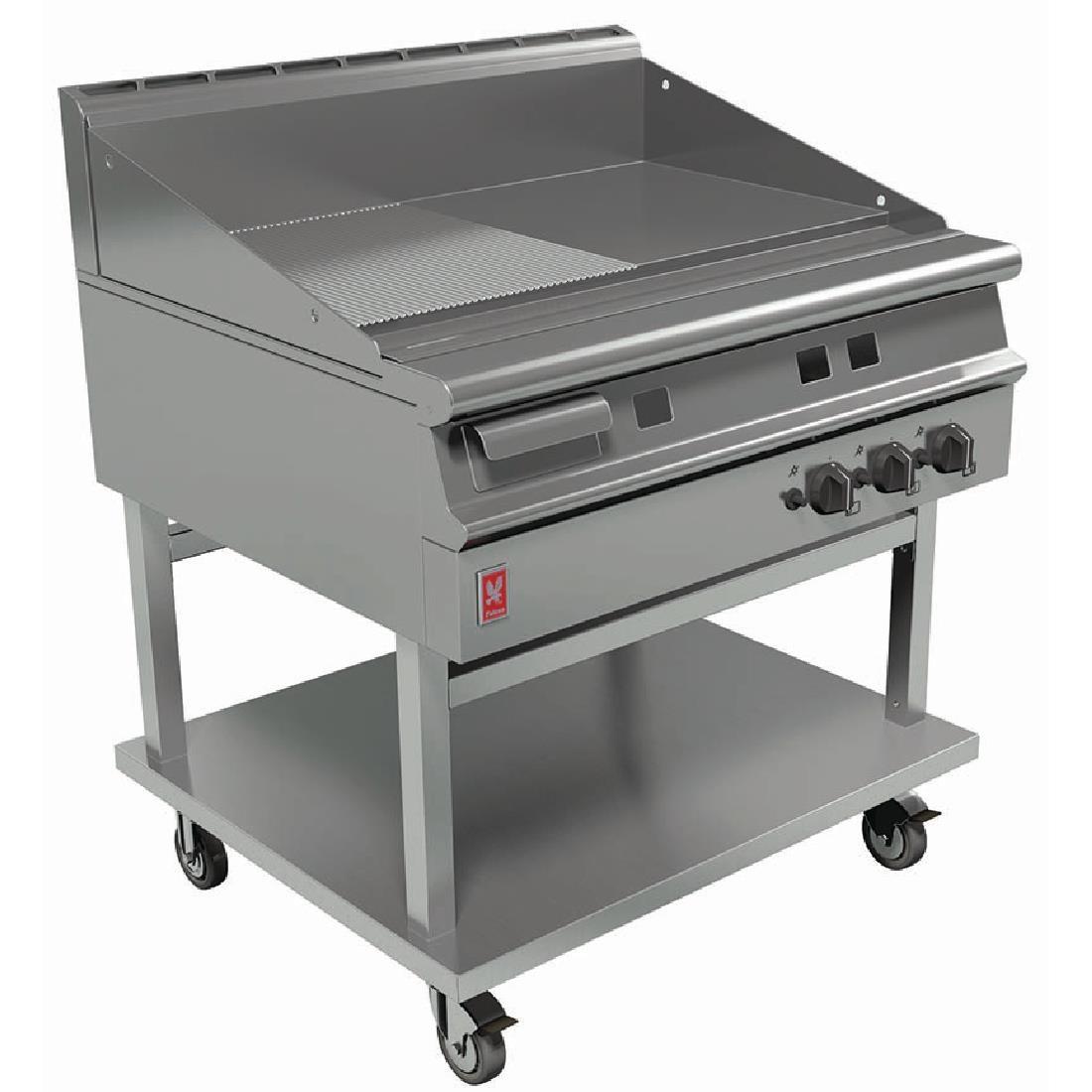 Falcon Dominator Plus 900mm Wide Half Ribbed Natural Gas Griddle on Mobile Stand G3941R - GP052-N  - 1