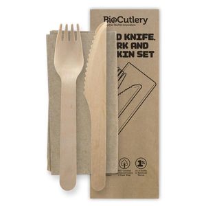 BioPak 16cm Coated FSC™ Birchwood Wood Knife, Fork & Napkin Set (Pack of 400) - HY-16KFN-COATED-UK - 3