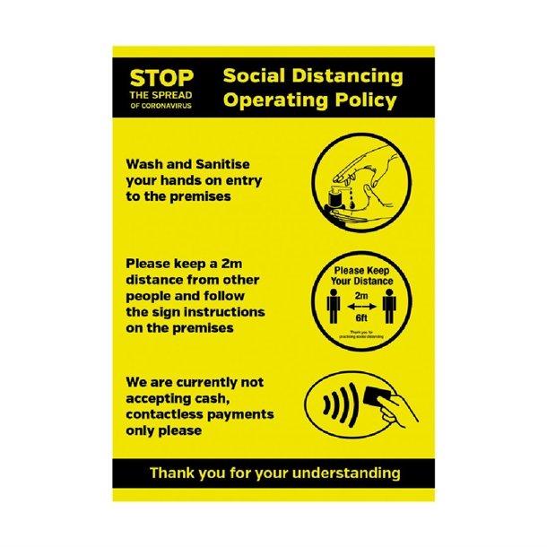 Social Distancing Operating Sanitiser Policy Self-Adhesive Poster A4 - Each - FN647 - 1