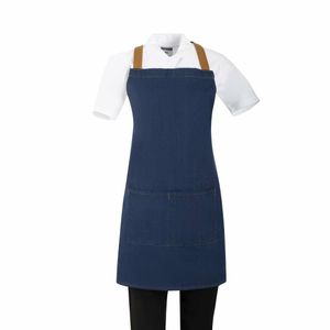 Southside Short Length X-Cross Back Bib Apron Denim Blue with Tan Ties - BA159 - 1