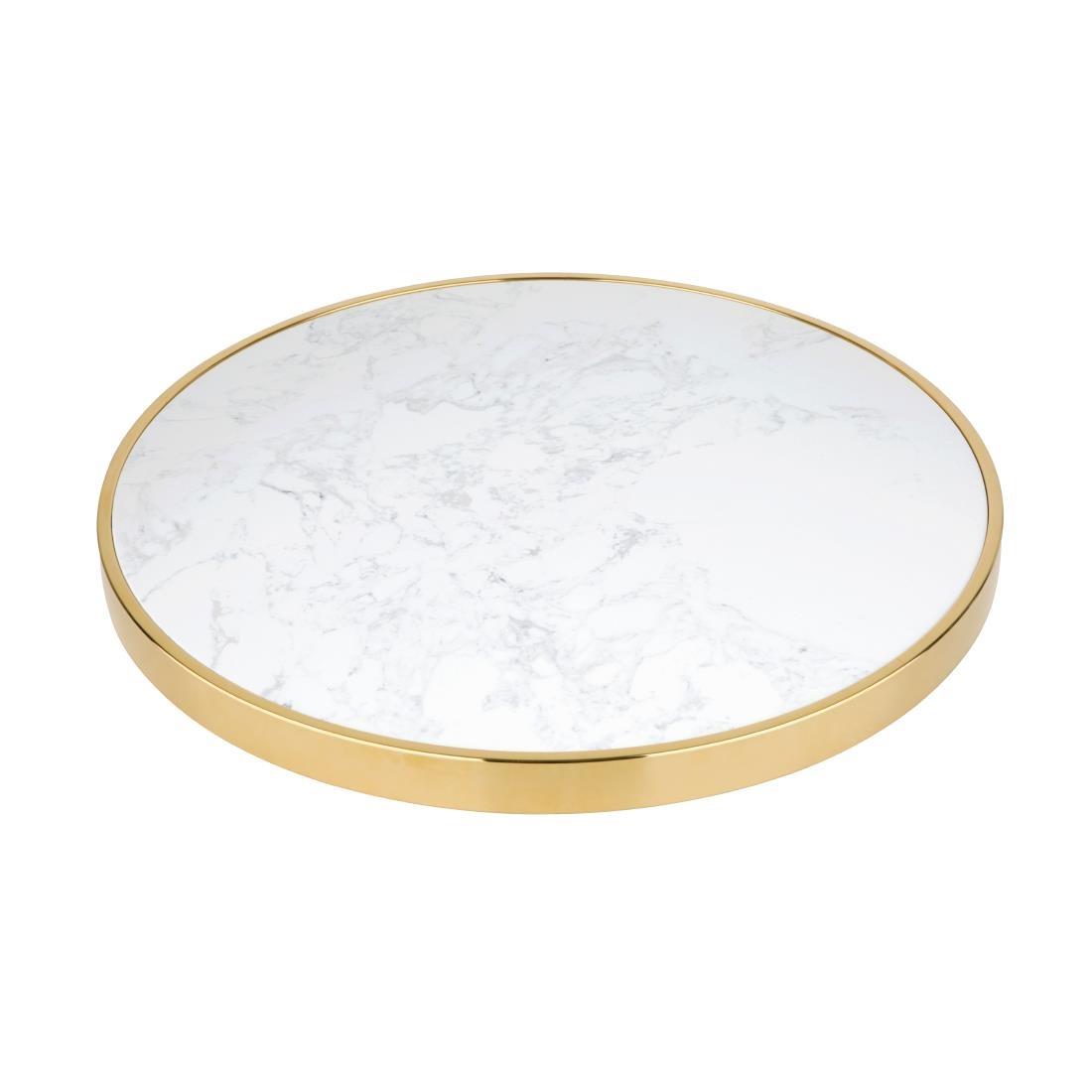 Bolero Round Marble Table Top with Brass Effect Rim White 600mm - CY968  - 3