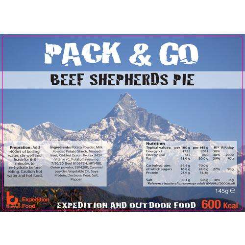 Sliver foil pouch contining Beef Shepherds Pie