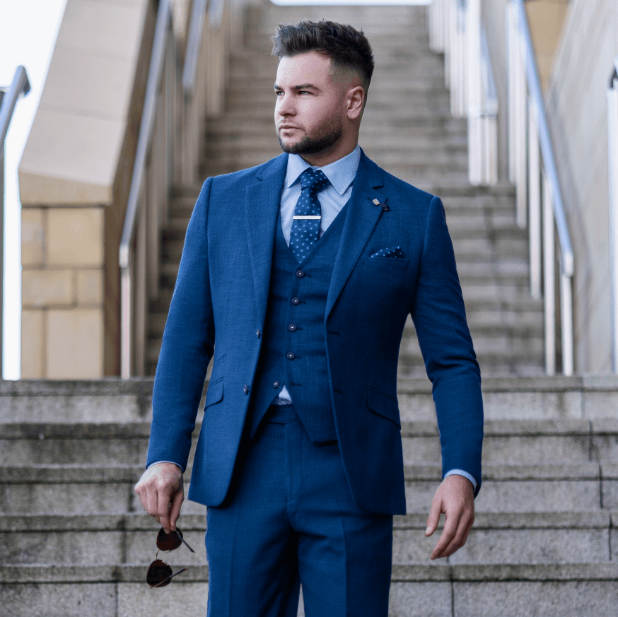 Men Blue Solid Slim Fit Formal Four Piece Suit