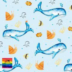 digital image of unlikely friends print showing snails and whales swimming around the sea