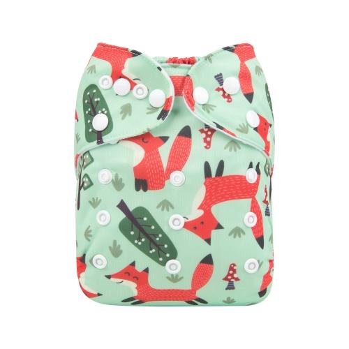 Pocket nappy with light green background and orange foxes and cartoon trees and red and white spotty mushrooms pattern