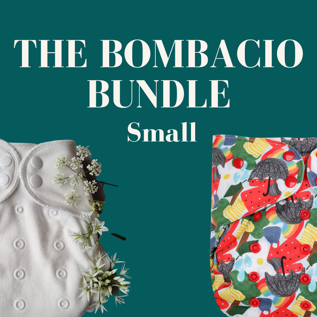 Image shows text The small Bombacio Bundle and half a white fitted nappy and half a brightly coloured reusable nappy wrap