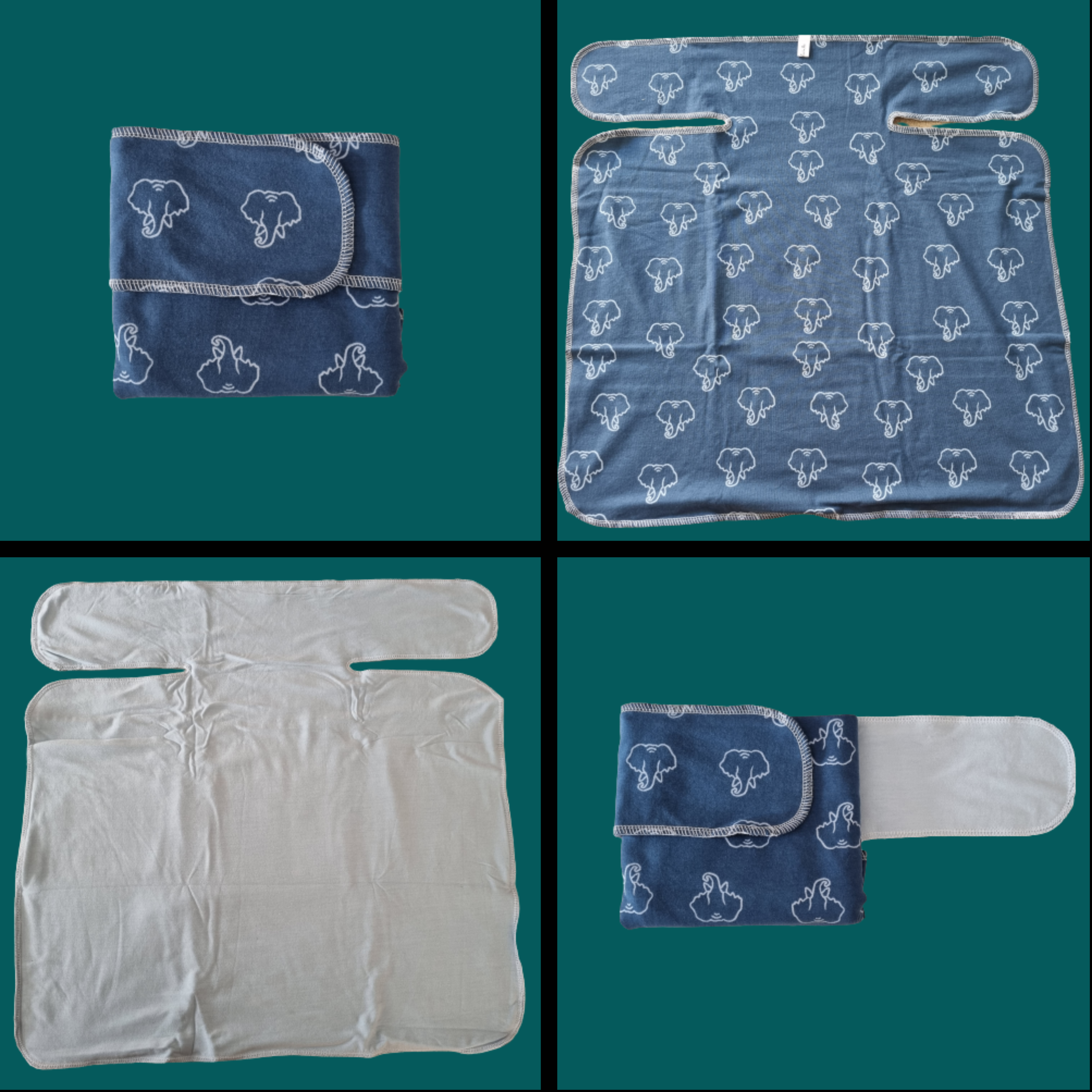 collage of preflat nappies in elephant print fabric on a blue background
