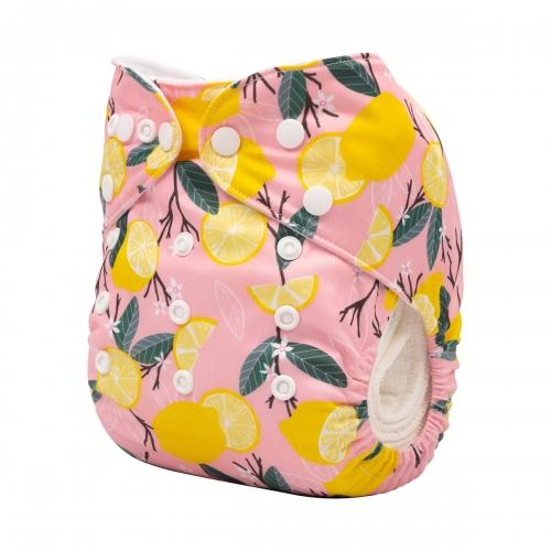 Pink pocket nappy with lemons still attached to sprigs of leaves side view