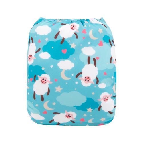 Blue background pocket nappy with falling sheep, stars, moons and hearts back view