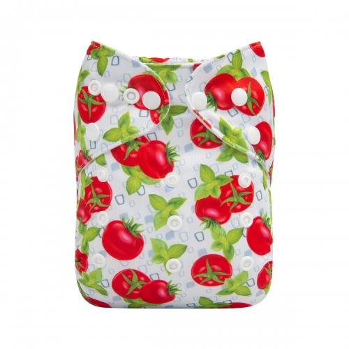 White background tomatoes and basil print pocket nappy front view